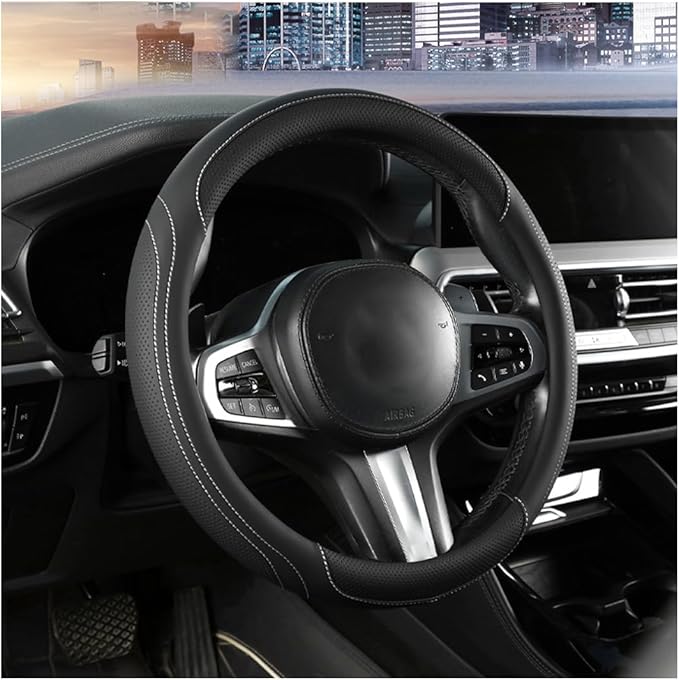 HZEL Car Steering Wheel Cover, 15 Inch Leather Comfortable Vehicle Steering Wheel Protector with Inner Rring, Anti-Slip Automotive Interior Accessories, Universal for SUV RV Truck (Black/White)