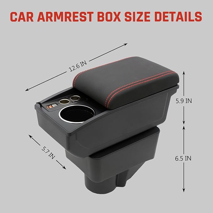 YJYWZH Car Armrest Box Fit for Ford Fiesta 3 2011-2019 MK7 Accessories Center Console Cup Holder Double Layer Storage Organizer Box with 2 USB Fast Charging Ports, Red Stitches