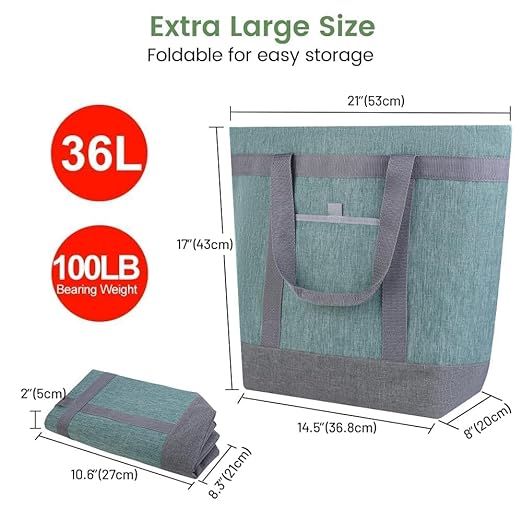 CIVJET Insulated Reusable Tote Bag for Grocery Shopping for Women/Men, Waterproof Cooler Bags for Travel/Beach/Picnic, Pizza/Food Delivery Bag to Keep Food Cold/Hot (Cationic Cloth, Green，2-Pack)
