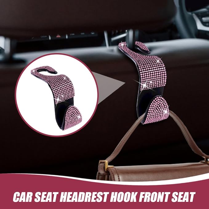 2 Pack Car Seat Headrest Hook, Bling Car Hooks Front Seat, Back Seat Organizer Hanger Storage Hook Car Purse Hook for Bags, Clothes, Coats, Grocery Bags (Pink)
