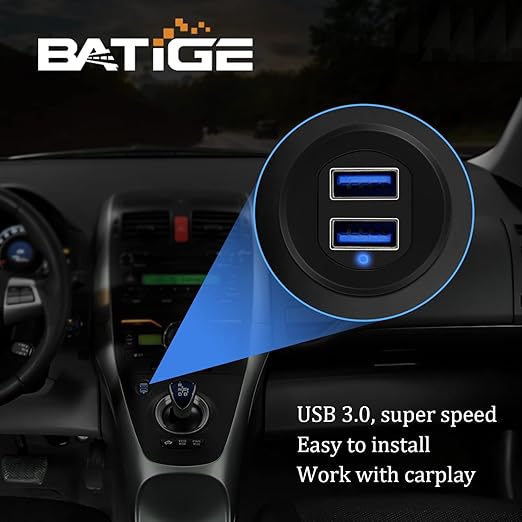 BATIGE Alloy Dual Port USB 3.0 Car Dashboard Flush Mount Cable, Male to Female with LED Indicator Extension Cable for Car Truck Boat Motorcycle Dashboard Panel 1ft