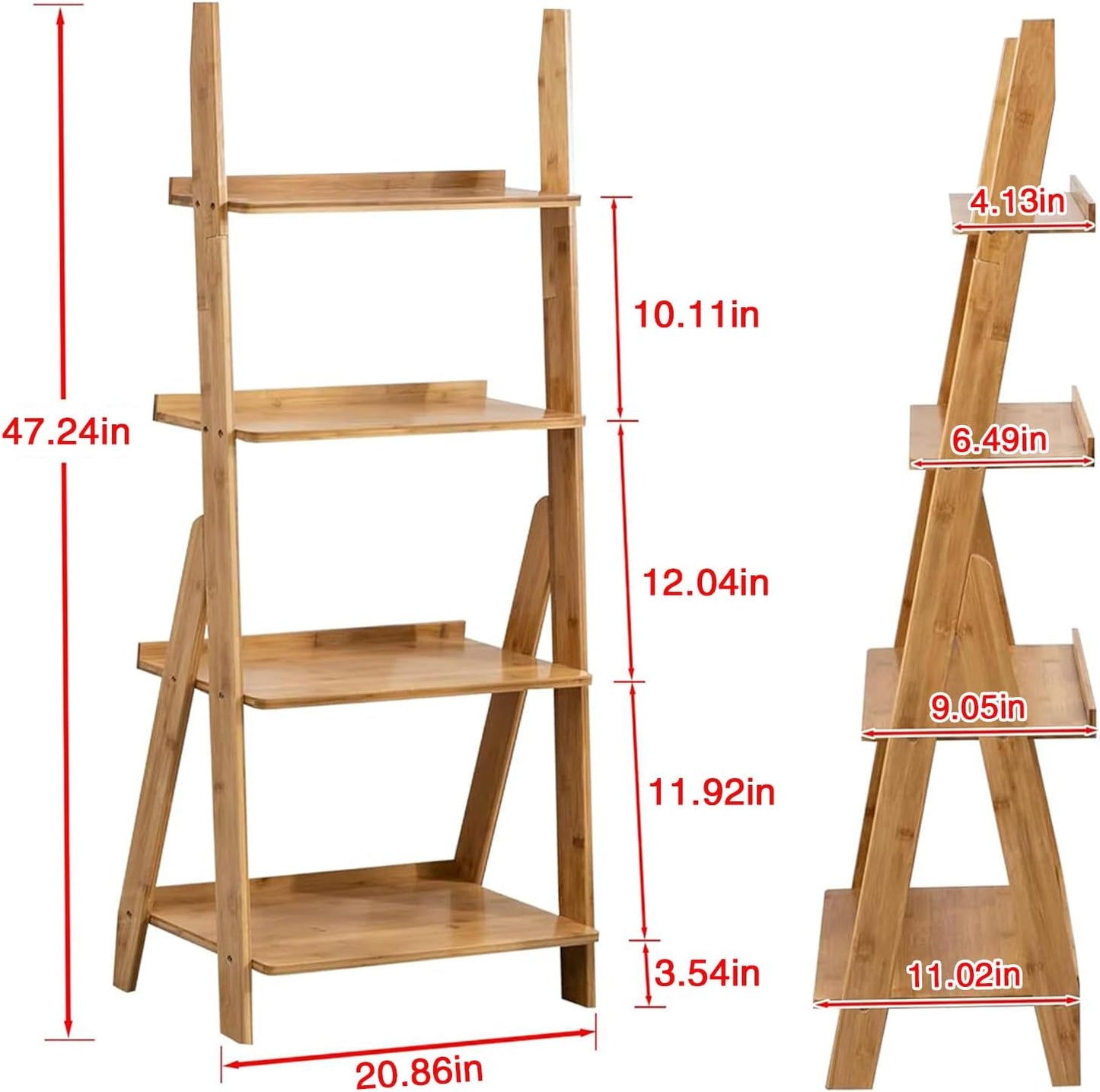 Maydear Bamboo Ladder Shelf Bookcase, 4-Tier Leaning Bookshelf Free Standing Organizer Storage Shelves for Living Room, Bedroom, Kitchen, Home Office, Balcony, Wood Color