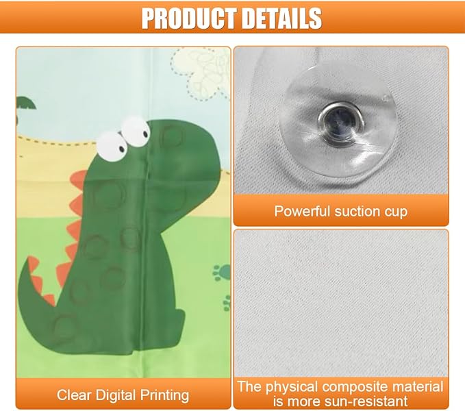 Car Rear Window Sunshade for Baby, Glare & UV Protection Rear Windows Sun Shade Covers with Suction Cups, Universal Sun Blocker Cooling Accessory for Vehicle Privacy Protection (Dinosaur)