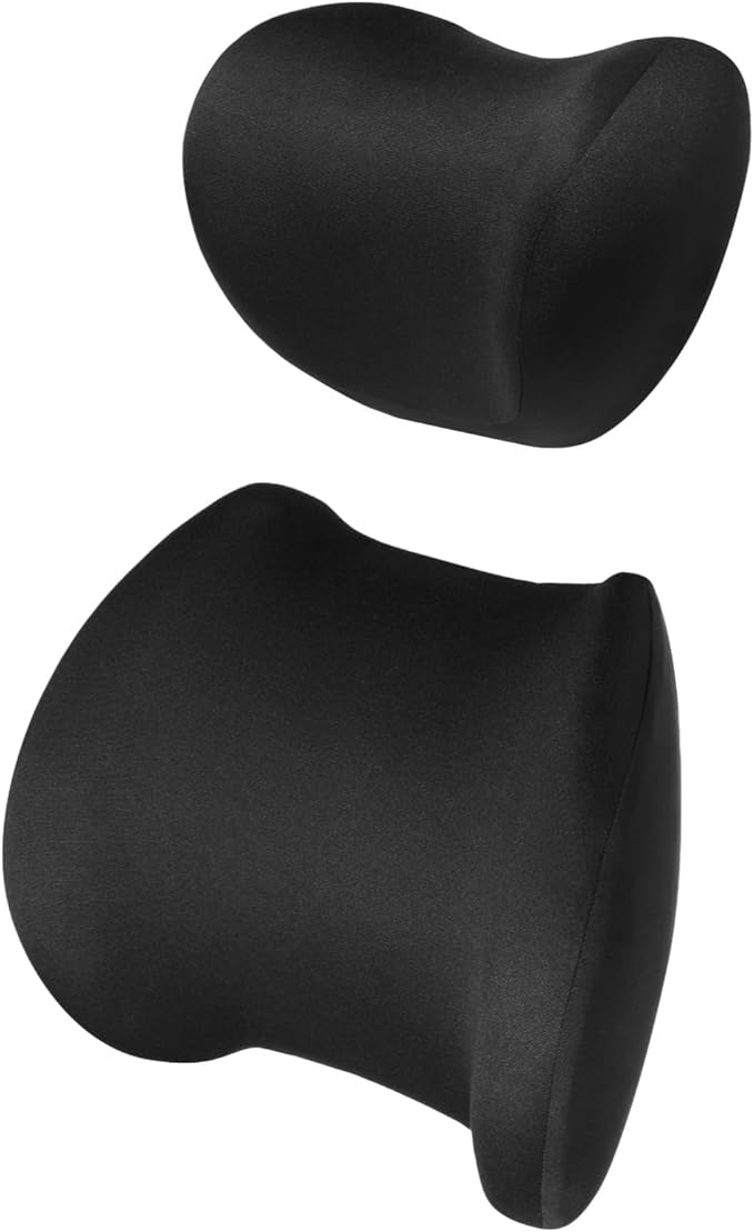 Black Memory Foam Car Seat Support Set, Headrest and Lumbar Cushion with Detachable Zipper Cover