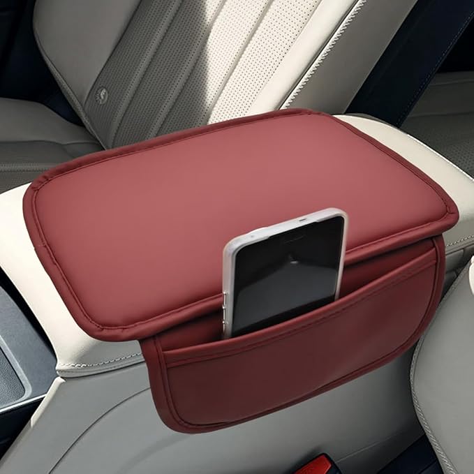 Car Center Console Cover, Leather Waterproof Auto Arm Rest Pad with Storage Bag, Scratch Resistant Middle Console Protector, Comfortable Vehicle Interior Accessories for Sedan SUV (Burgundy)