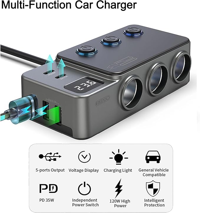 Cigarette Lighter Splitter, 8 in 1 Car Cigarette Lighter Adapter PD 35W Car Charger 3-Socket Heavy Duty Truck Multi Port USB C 12V/24V Independent Switches LED Display Super Fast Charger Car Devices
