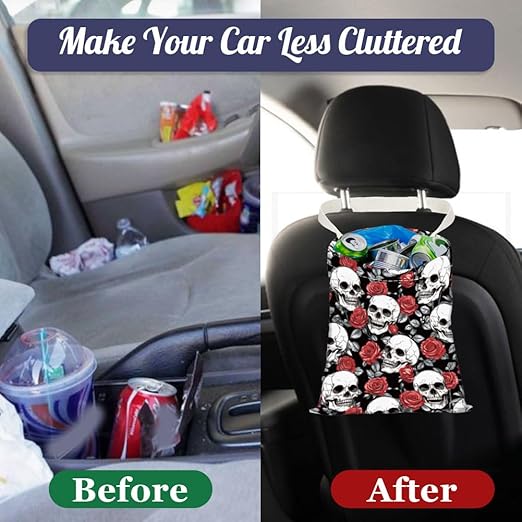 Skull Rose Print Car Trash Bag Hanging Garbage Bag with Snap Buttons Car-Back Seat Trash Storage Portable Dustbin for Car Interior Accessories Travel Camping