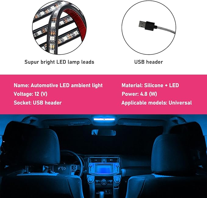 Car LED Strip Light, 24 LEDs RGB Neon Interior Atmosphere Lights, 12V Under Dash Ambient Night Light, USB Port Auto Interior Decorative Lamp, Universal Car Accessories (Ice Blue)
