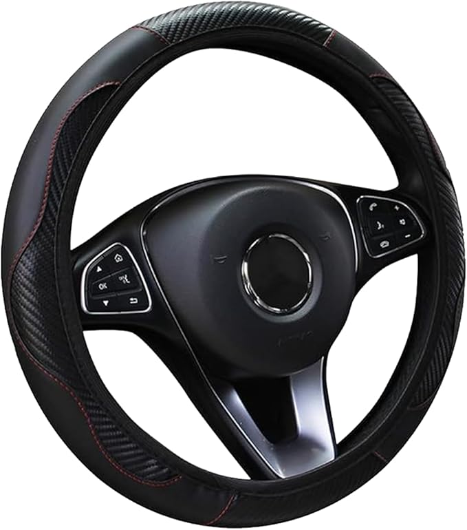 Car Steering Wheel Cover, 15 inch Carbon Fiber Microfiber Anti-Slip Breathable PU Leather Elastic Steering Wheel Protector, Car Interior Accessories for Most Cars (Black)