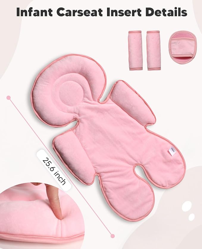Infant Car Seat Insert for Newborn Girls Boys, 3 in 1 Reversible Cushion for Carseat with Strap Pads Buckle Cover Extra Soft Carseat Support Pad for All Season, Pink