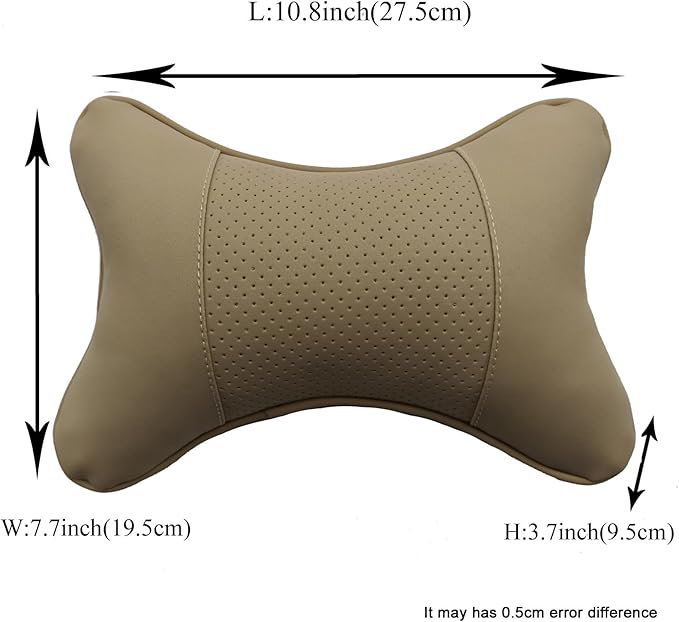 Car Neck Pillows Both Side Pu Leather 2pieces Pack Headrest Fit for Most Cars Filled Fiber Universal Car Pillow (Beige)