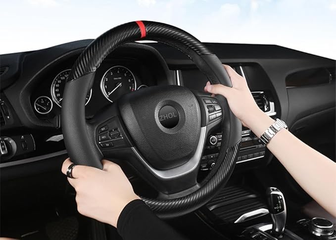 Carbon Fiber Steering Wheel Cover, Universal 15 inch Breathable Microfiber Leather Steering Wheel Covers for Men and Women, Anti Slip Car Interior Accessories, Black