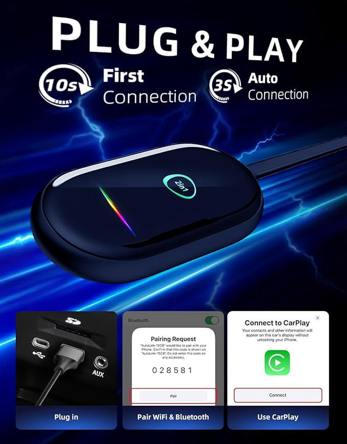 Wireless CarPlay & Android Auto Adapter – Fast & Stable Wireless Upgrade, Converts Wired CarPlay to Wireless, Plug & Play, No Delay, Compatible with iPhone 6+ & 800+ Cars (2016 & Newer)