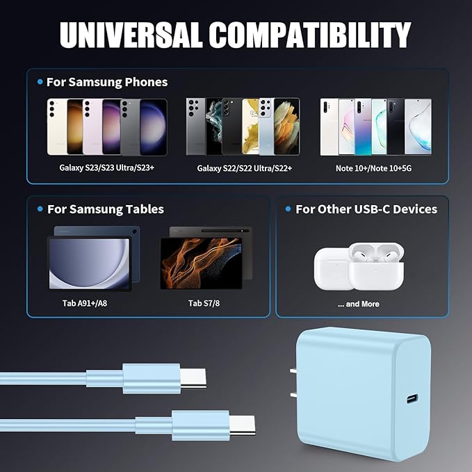 3Pack USB C Charger for Samsung Galaxy S24 Ultra, Super Quite Fast Charging Type C Block with 6FT C to C Cord for Samsung Galaxy Tab S9 S8 S23 Ultra S22 Ultra S23 S22 S21 Note 10 Plus 20,Blue