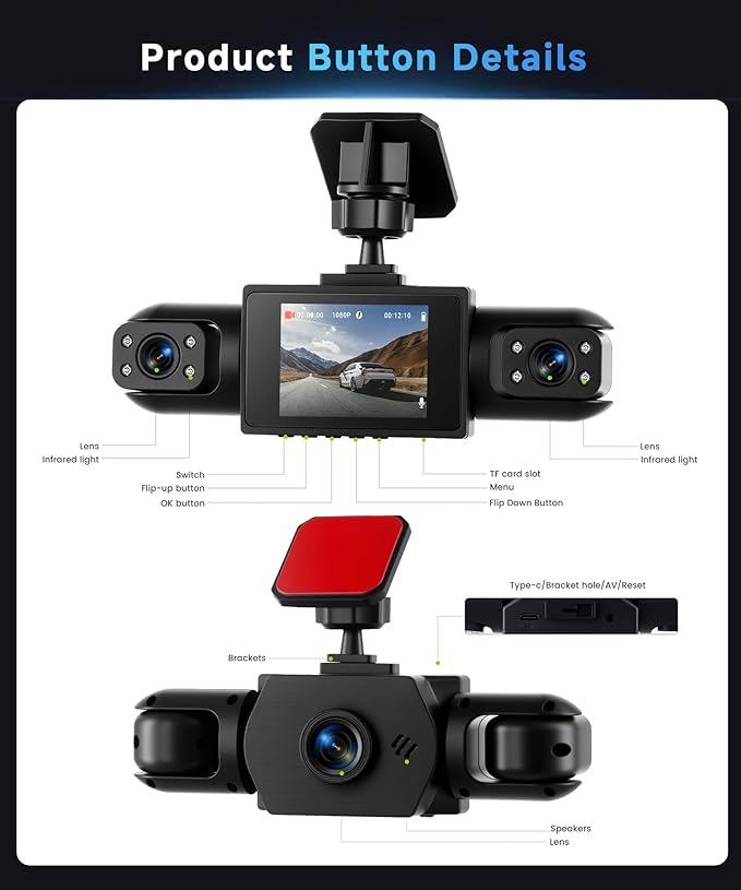 4 Channel 360 Dash Cam Front and Rear Inside Left Right, Dash Camera for Cars, Built-in Night Vision, Sensitive Motion Detection 24/7 Recording Parking Mode Monitor Reversing Help