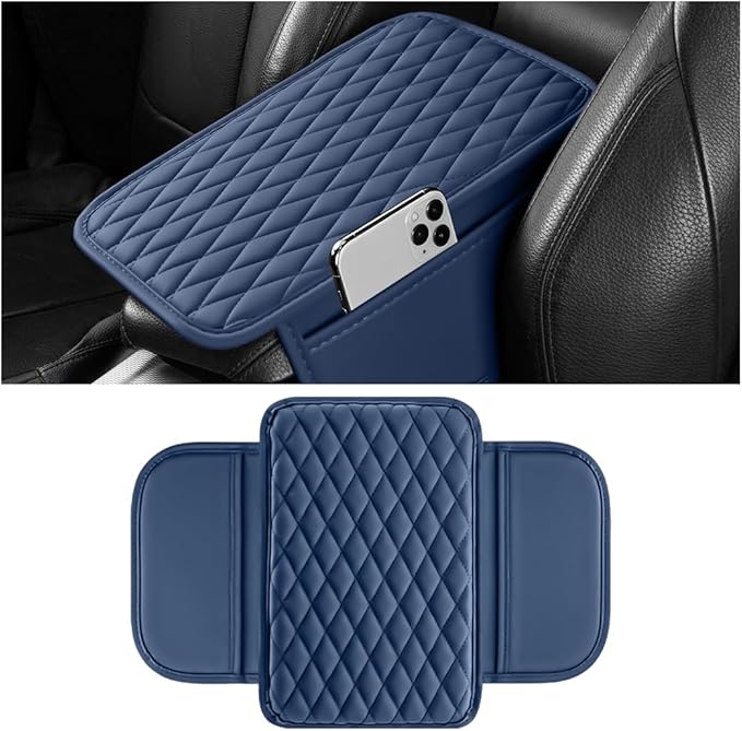 Car Armrest Cushion Pad, Leather Vehicle Center Console Cover with 2 Storage Bags, Non-Slip Automotive Interior Arm Rest Seat Box Cover Accessories, Universal for SUV RV Sedan (Dark Blue)