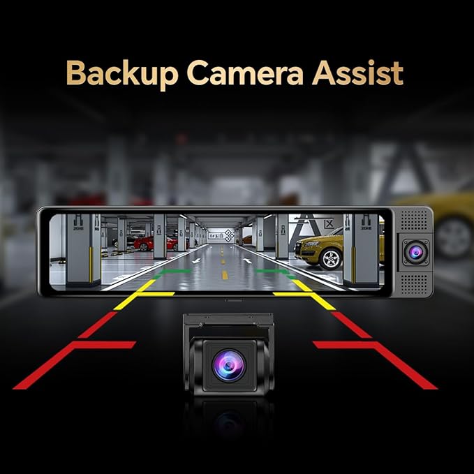 12" Rear View Mirror Camera, 3 Channel 4K Mirror Dash Cam Front, Inside and Rea1080P Camera, Smart Full Touch Screen Backup Camera for car, Dash Cam with WDR Camera,Night Vision,Free 64GB Card & GPS