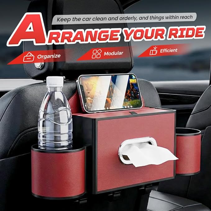 3-in-1 Car Backseat Organizer with Cup Holder, Tissue Box, Trash Bin & Hooks,Multifunctional Back Seat Car Organizer for Hold Phones,Snacks,Drinks,and Handbags (A- Red)