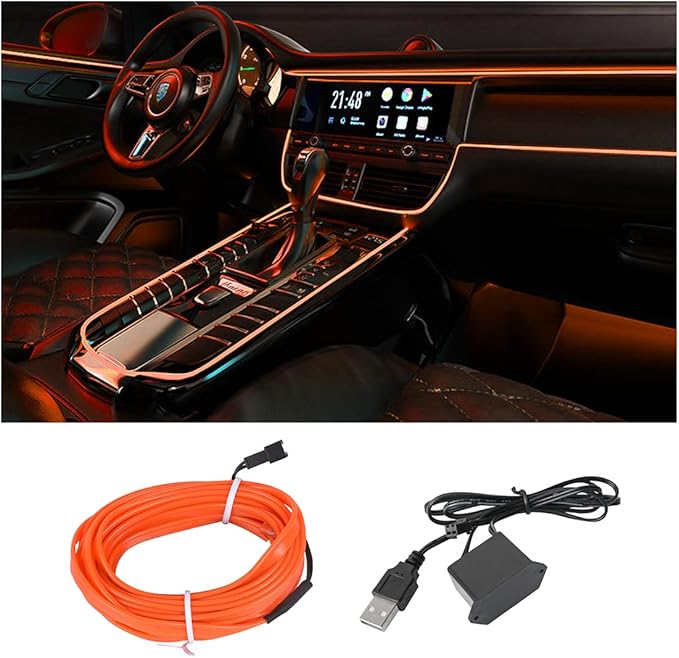 EL Wire LED Strip Lights, USB Auto Neon Light Strip with Sewing Edge, 16FT Electroluminescent Car Ambient Lighting Kit with Fuse Protection, Car Decoration Accessory (Orange/16FT)