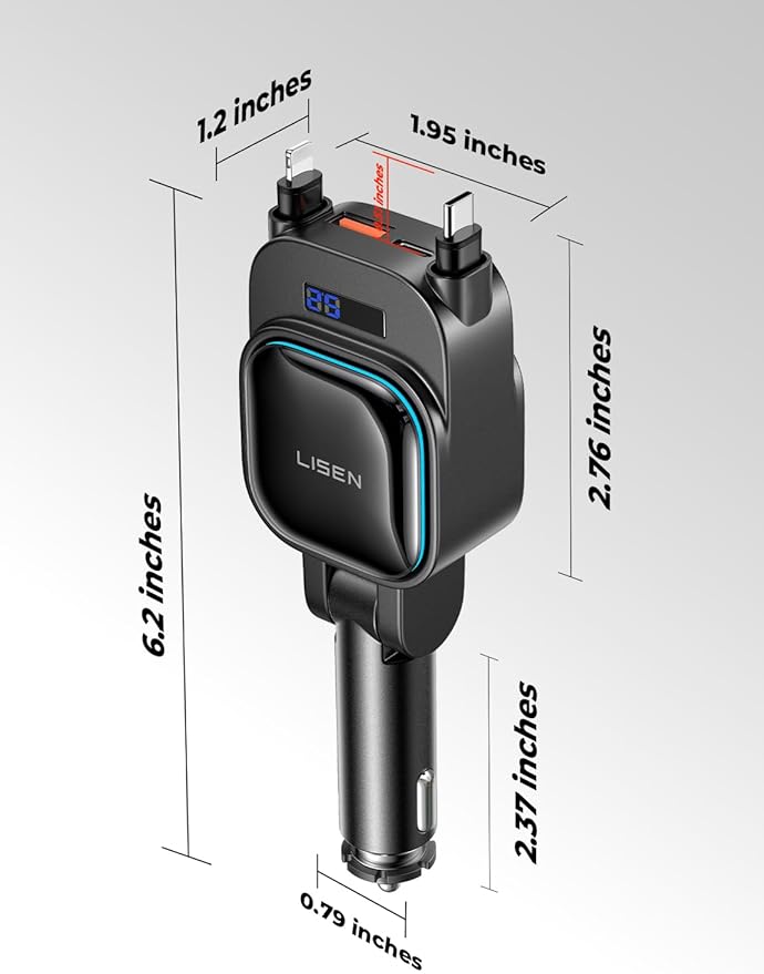 LISEN Only for Trucks 96W Fast Charging Retractable Car Charger[USB C Cable & L Cable], 4 in 1 Retractable Car Charger Fast Charging for iPhone 17 Pro Max 16 15 14 13, Samsung Galaxy S25/24,Grey