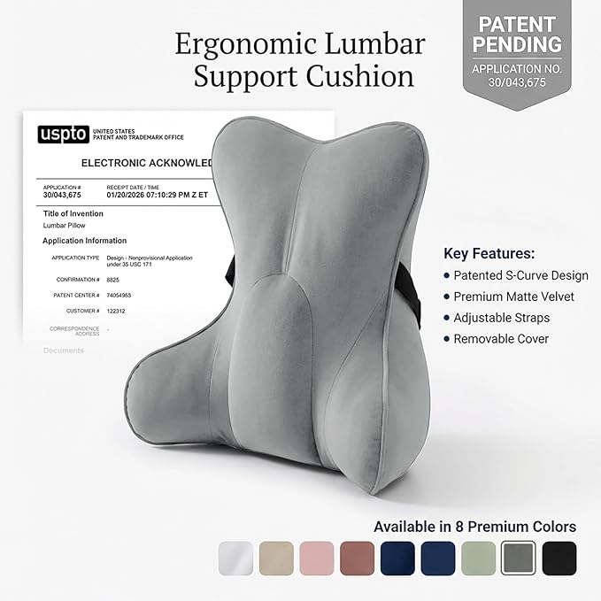 Lumbar Back Pillow (Pat. Pend), Supportive Back Cushion for Bed, Couch & Recliner, Ergonomic Lumbar Pillow with Customizable Firmness for Lower Back Pain Relief, Zinc Gray