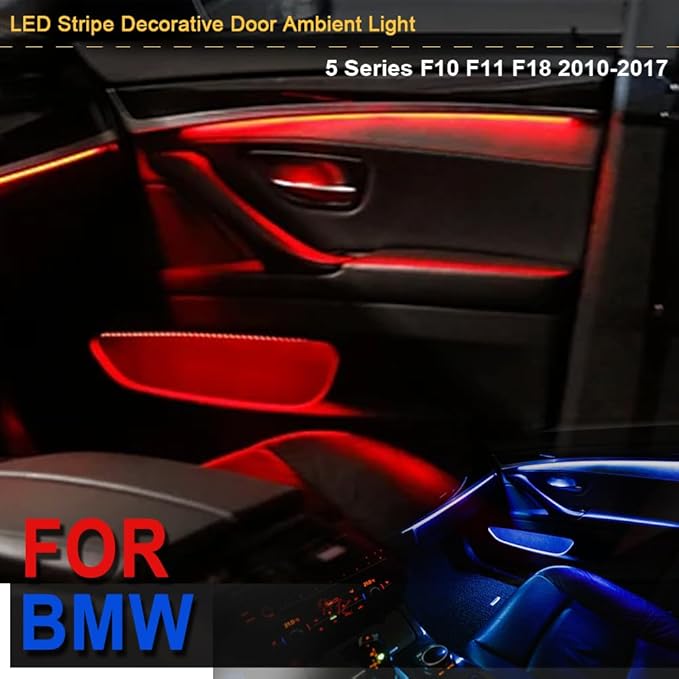 2 Colors Interior LED Stripe Decorative Door Ambient Light Blue and Orange for BMW 5 Series F10 F11 2010-2017 (Carbon Fiber)