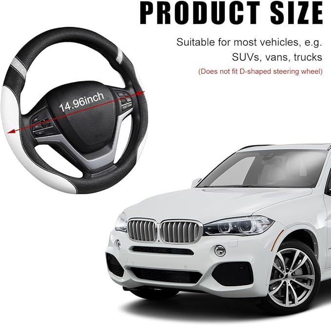 Car Steering Wheel Cover, Non-Slip Leather Auto Steering Wheel Protector, Comfortable Steering Wheel Cover Protector for Most Cars, Universal Interior Car Accessories (White)