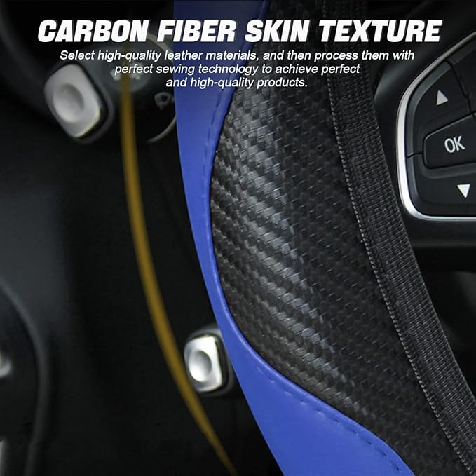 Car Steering Wheel Cover, Microfiber PU Leather Elastic Carbon Fiber Auto Steering Wheel Protector, 15 Inch Breathable Anti-Slip for Women Men, Car Interior Accessories for Most Cars (Black/Blue)