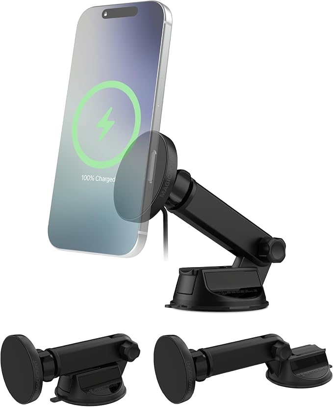 Scosche MPQTRWDA Qi2 MagSafe Car Mount Charger 25W Fast Wireless Magnetic Cell Phone Holder with Adjustable Arm for Windshield or Dashboard Compatible with iPhone 17/16/15/14/13/12 & Samsung S25
