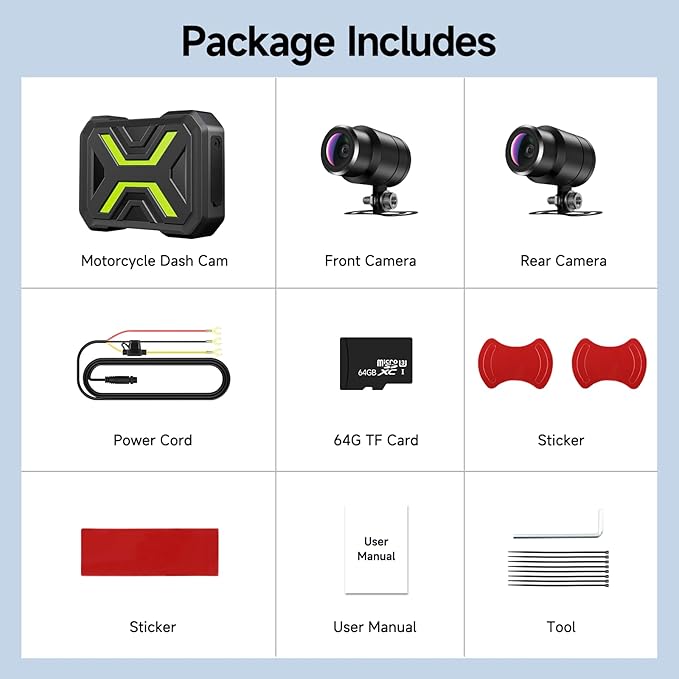 Motorcycle Dash Cam Front and Rear, Dual 1080p Dash Cam for Motorcycle with 64GB SD Card IP67 Waterproof, Loop Recording 24H Parking Monitor Night Vision with App Control Max Support 128 GB