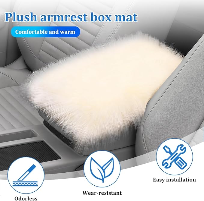 Car Center Console Cover, Fluffy Soft Vehicle Middle Console Arm Rest Cushion Pad, Furry Automotive Interior Armrest Seat Box Protector Decoration Accessories, Universal Fit (Light Beige)