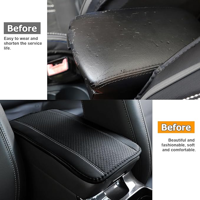 Car Armrest Seat Box Cover, Comfortable Leather Automotive Center Console Cushion Pad, Soft Waterproof Vehicle Arm Rest Protector Mat Accessories, Universal for RV, SUV, Truck (Black/Gray)