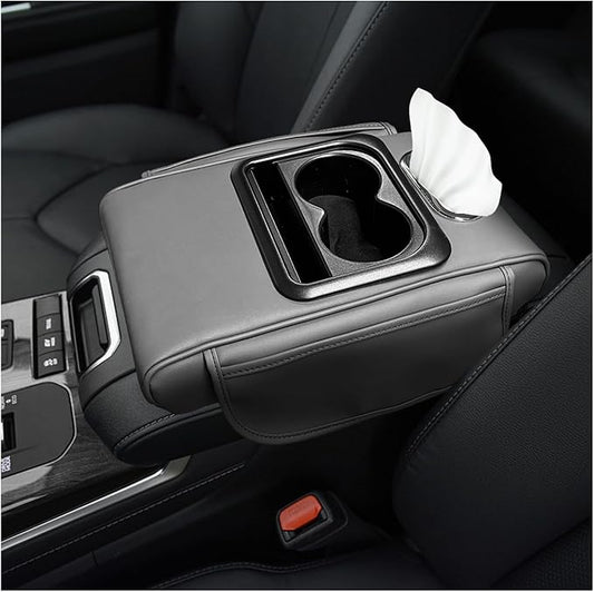 Car Center Console Armrest Pillow, Multifunctional Armrest Box Cover with Cup Phone Tissue Holder & Side Pockets, Waterproof Leather Middle Console Cushion for Most Vehicles (Gray, Normal)