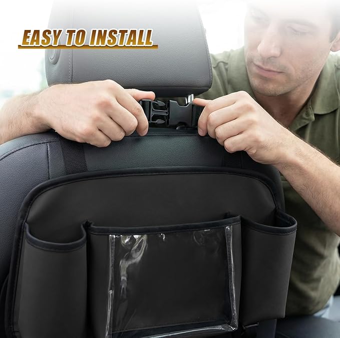Craedli 3 in 1 Car Back Seat Organizer with Cup Holder & Hook, Multifunctional Car Seat Back Storage Box for Hold Phone Drinks Handbag, Auto Interior Organizer Travel Accessory with Tissue Box (Black)