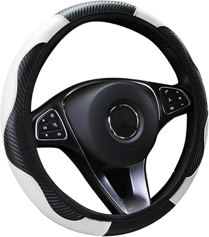 Car Steering Wheel Cover, 15 inch Carbon Fiber Microfiber Anti-Slip Breathable PU Leather Elastic Steering Wheel Protector, Car Interior Accessories for Most Cars (White)