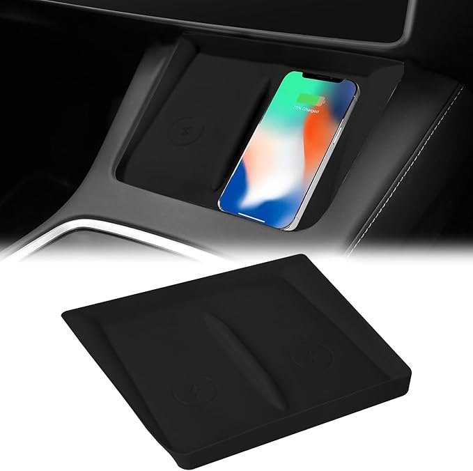 Center Console Wireless Charging Silicone Mat Compatible with Tesla Model 3 2024 Accessories Waterproof Cover Interior Pad Non-Slip Mats Phone Tray Upgrade Protector Mats (Black)