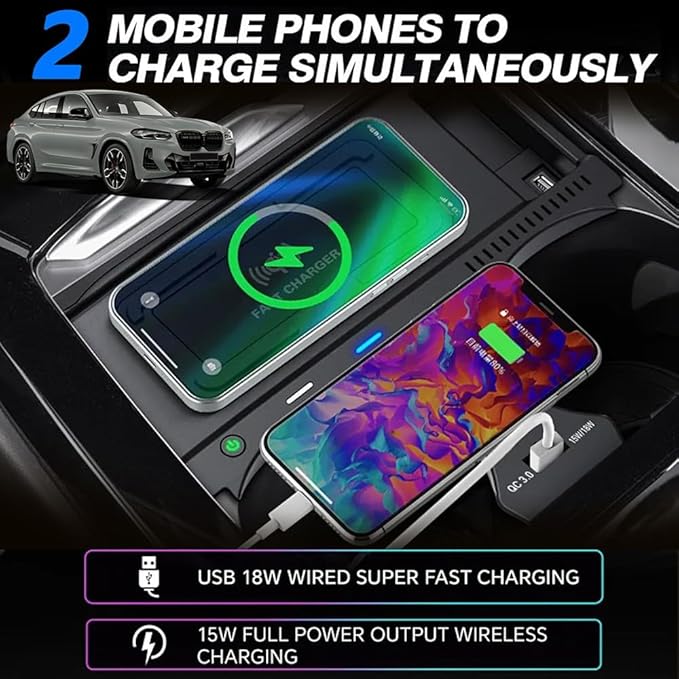 Wireless Car Charger for BMW X3/X4 2022 2021 2020 2019 2018, OEM Custom Fit with QC3.0 USB Wireless Fast Phone Charging Pad for BMW X3/X4/X3M/X4M G01 G02 Center Console Interior Accessories