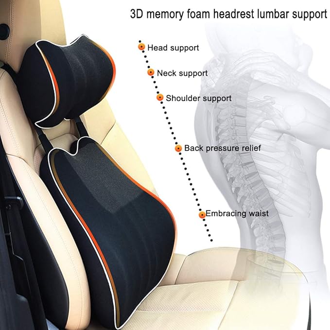 Car Lumbar Support Back Cushion & Headrest Neck Pillow Kit Cushion Memory Foam Universal Fit Major Car Seat with Back Pain Relief for Car Office Home 1PCS Black