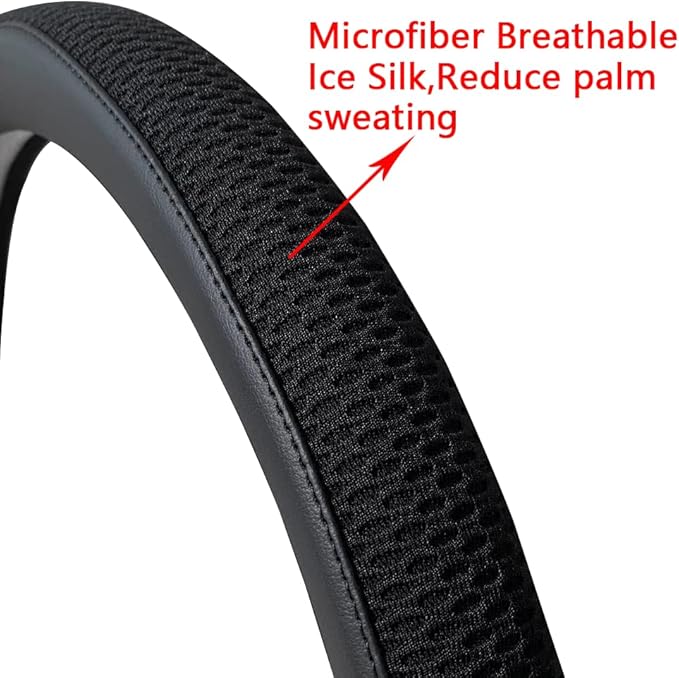 38cm Car Steering Wheel Cover, Universal 15 inch, Microfiber Breathable Ice Silk,Warm in Winter and Cool in Summer, Anti-Slip, Odorless, Easy to Install