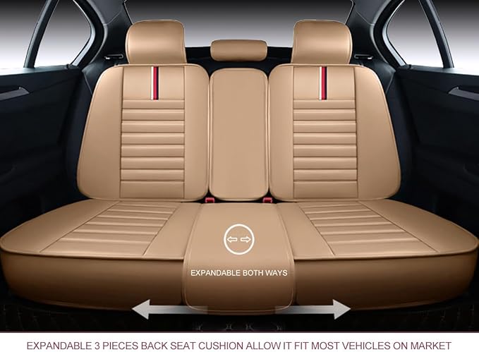 OASIS AUTO Car Seat Covers Full Set Premium Waterproof Faux Leather Cushion Universal Accessories Fit SUV Truck Sedan Automotive Vehicle Auto Interior Protector (OS-001 Tan)