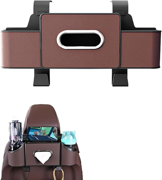 Car Organizers and Storage Box, Multifunctional Car Organizer and Storage Box Back Seat, 3-in-1 Holder Tissue Dispenser, Phone Stand for Snacks, Drinks, Bag Hook, Keep Tidy & Organized (Brown)