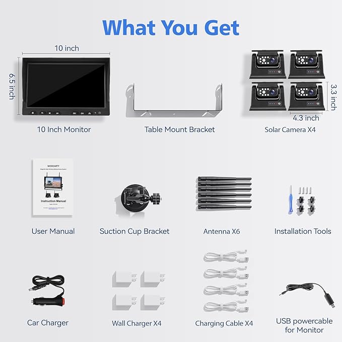 10.1" - 4 Magnetic Solar Wireless Backup Camera System, HD 1080P DVR Monitor, RV Wireless Cameras for Hitch Towing RV Camper Trailer, IR Night Vision, 4x9600mAh Rechargeable Battery, SR4