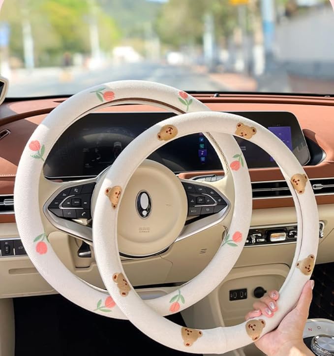 Wheel Cover Flax Microfiber Steering Wheel Covers for Women Fit 15 inch Car Cute Bow Tie Anti-Slip Breathable Absorbing Sweat Cover (Type-D-Tulip)