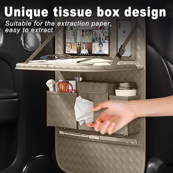 XDV Car Seat Organizers,Multi-functional Back Seat Protectors, Storage Pouches, and Tray Holders (for Cars, Kids, Seat Back and Rear Seats) (Woven Beige, 1 Pcs)