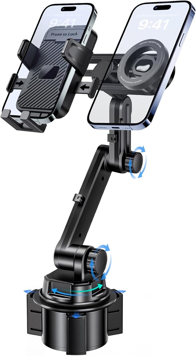Dual Cup Phone Holder for Car, Cup Mount, Holds 2 Phones Simultaneously, car Phone Mount Compatible with MagSafe, Fits iPhone/Samsung/Motorola/Google/LG/TCL & 4.0-7.0 Inch Smartphones