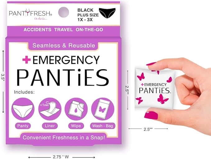 Emergency Panties 4in1 Kit = Seamless Underwear, Fresh Wipe & Liner Accidents Travel On-The-Go Toiletry Kit Plus Size fit 1X-3X Black Bikini