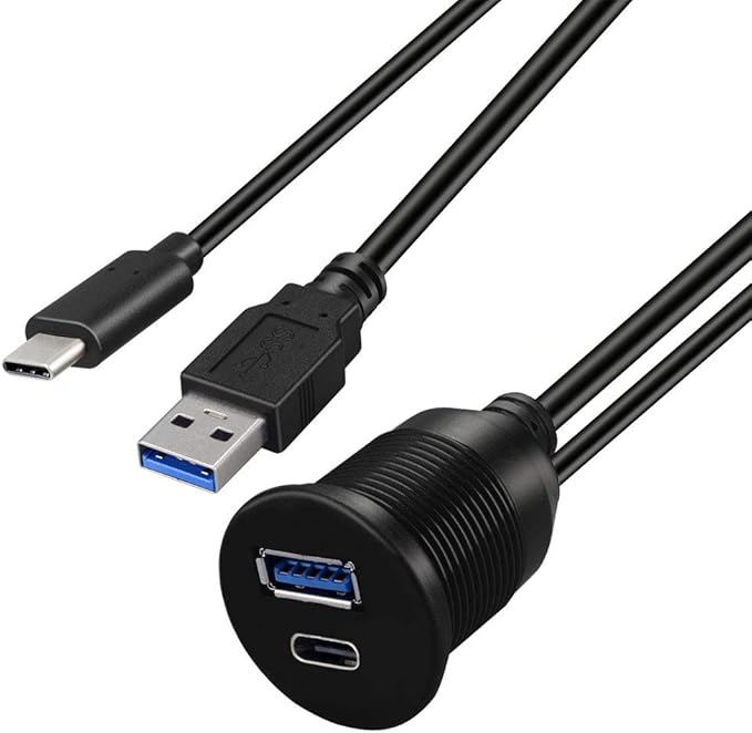BATIGE Type C 3.0 and USB 3.0 A Male to Female AUX Car Mount Flush Cable Waterproof Extension for Car Truck Boat Motorcycle Dashboard Panel - 3ft