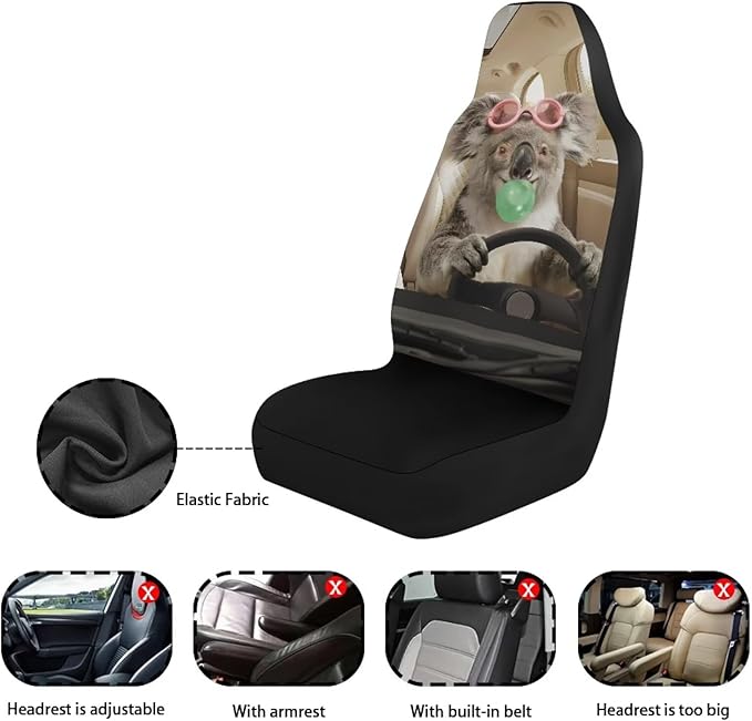 Koala Front Car Seat Cover Nonslip Funny Auto Interior Accessories 2 Pcs Set Stretch Polyester Fabric Cover All-Season Protection Suitable for Most Cars,SUV,Sedan