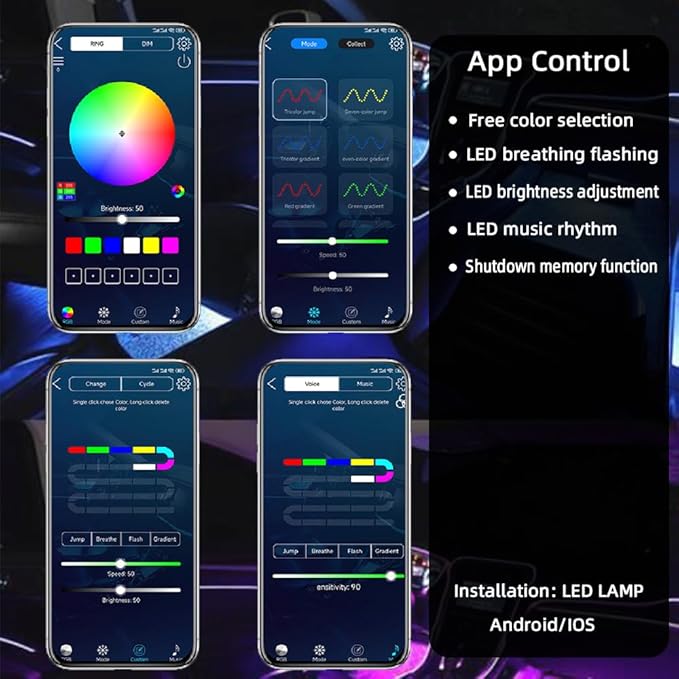 Interior Car Lights APP Control Color Change Small Size LED Light Bulb Music Sync Inside Ambient Lighting Kit USB and Charger Adapter 12V for Cars Trucks Under Dash Accessories and Motorcycle