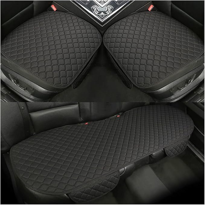 3PCS Set Car Seat Cushion for Front and Back Seat, 3D Soft Linen Breathable Auto Seat Cover, Comfort Non-Slip Rubber Bottom, Car Seat Protector Pad Universal for Office Chair, Home (Black/3PCS)